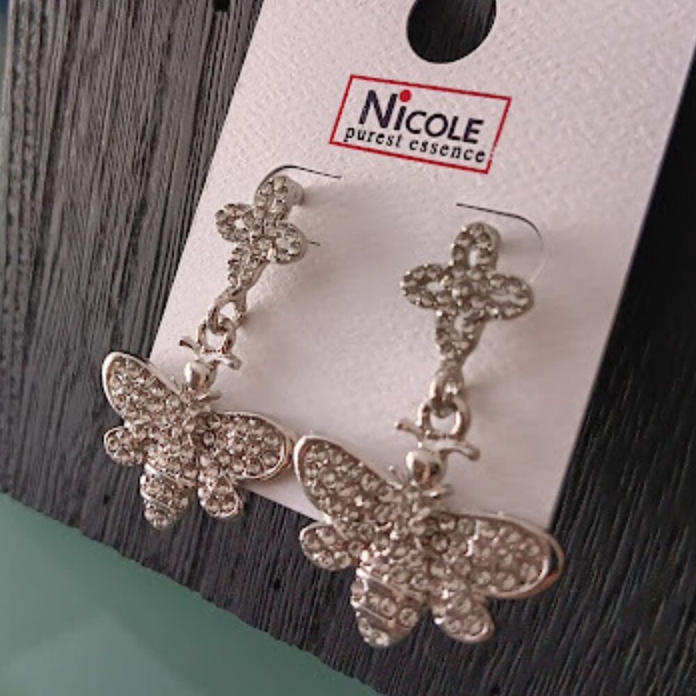 NICOLE Mod/Contemporary Lucky Clover & Queen Bee Silver Clear Crystal Earrings - Picture 3 of 6